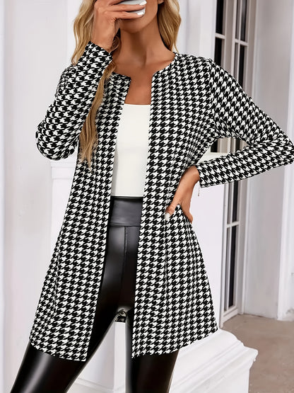 Elegant Houndstooth Longline Cardigan for Women with Open Front Long Sleeve Relaxed Knit Style