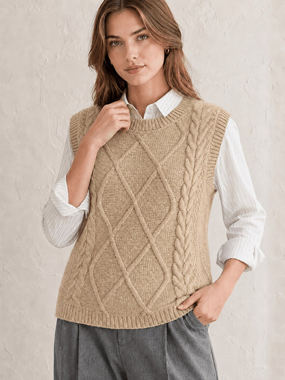 Comfortable Cable Knit Sweater Vest for Women with Crew Neck Sleeveless Relaxed Oversized Casual Style