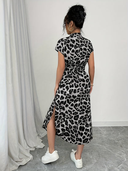 Elegant Leopard Print Midi Dress for Women - Short Sleeve, High-Low Hem, Button-Up Front, Machine Washable, Perfect for Casual or Vacation Style, Versatile Midi Dress | Short Sleeve Dress | Vacation Wear