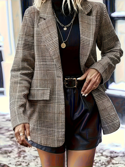 Elegant Plaid Blazer for Women with Notch Lapel Long Sleeve Oversized Relaxed Casual Style