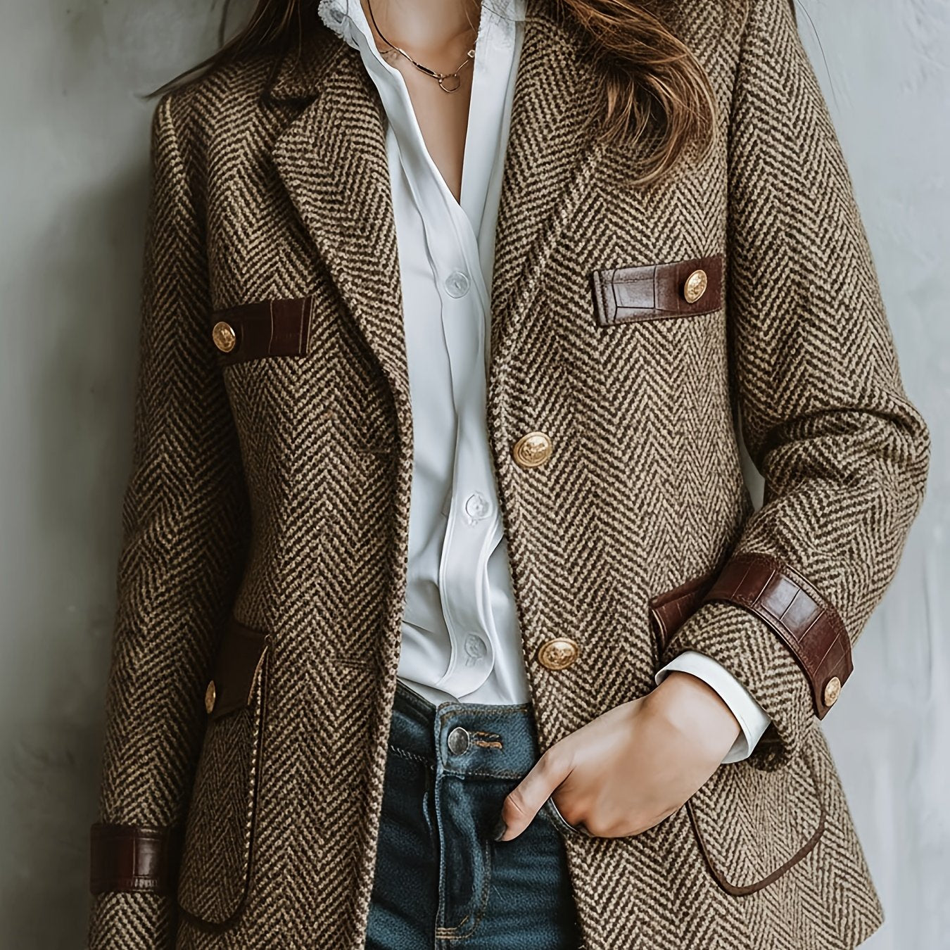 Elegant Khaki Herringbone Tweed Blazer for Women with Notch Lapel Long Sleeve Leather Trim Tailored Style