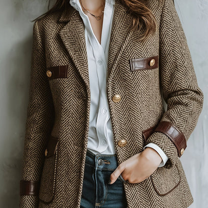 Elegant Khaki Herringbone Tweed Blazer for Women with Notch Lapel Long Sleeve Leather Trim Tailored Style