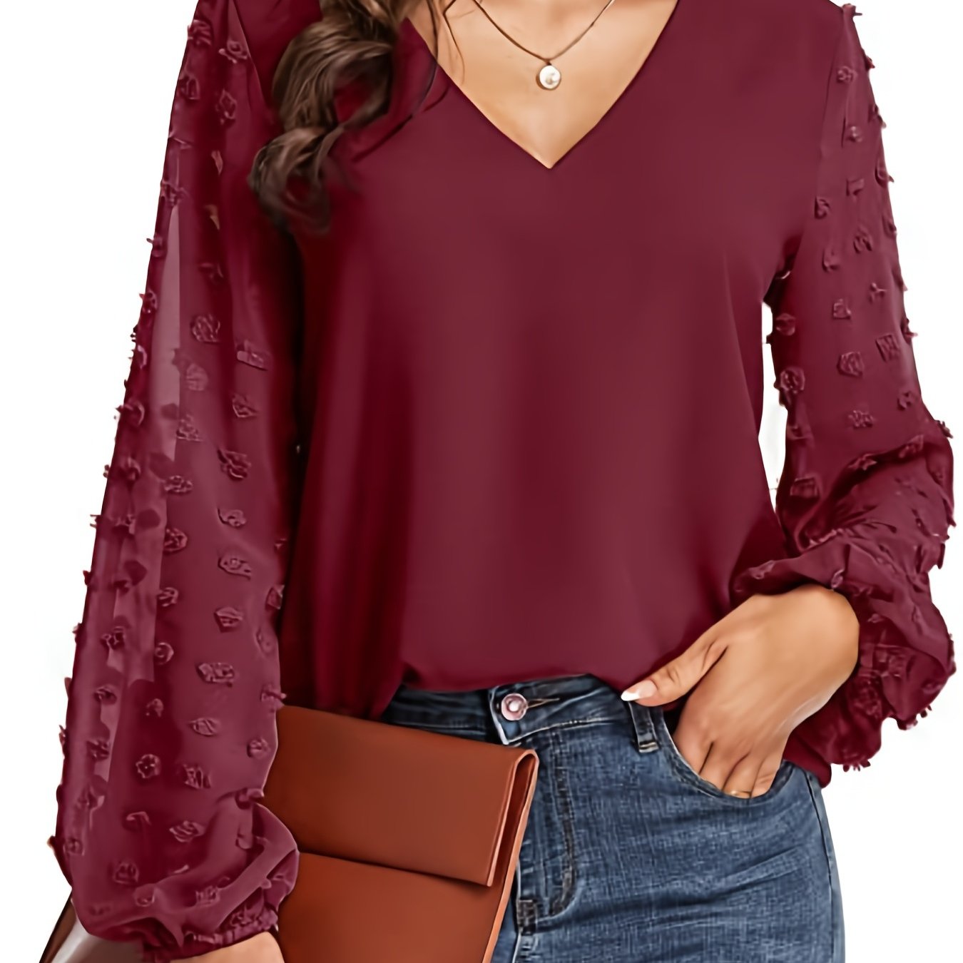 Elegant Swiss Dot Blouse for Women with V Neck Balloon Sleeve Sheer Cuff Relaxed Style