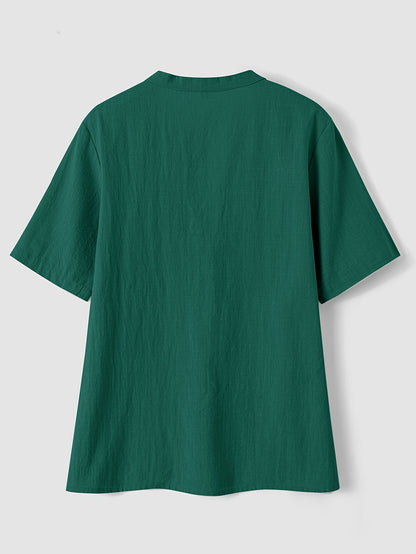 Effortless Textured Linen Blouse for Women with Notch V Neck Short Sleeve Button Front Relaxed Style