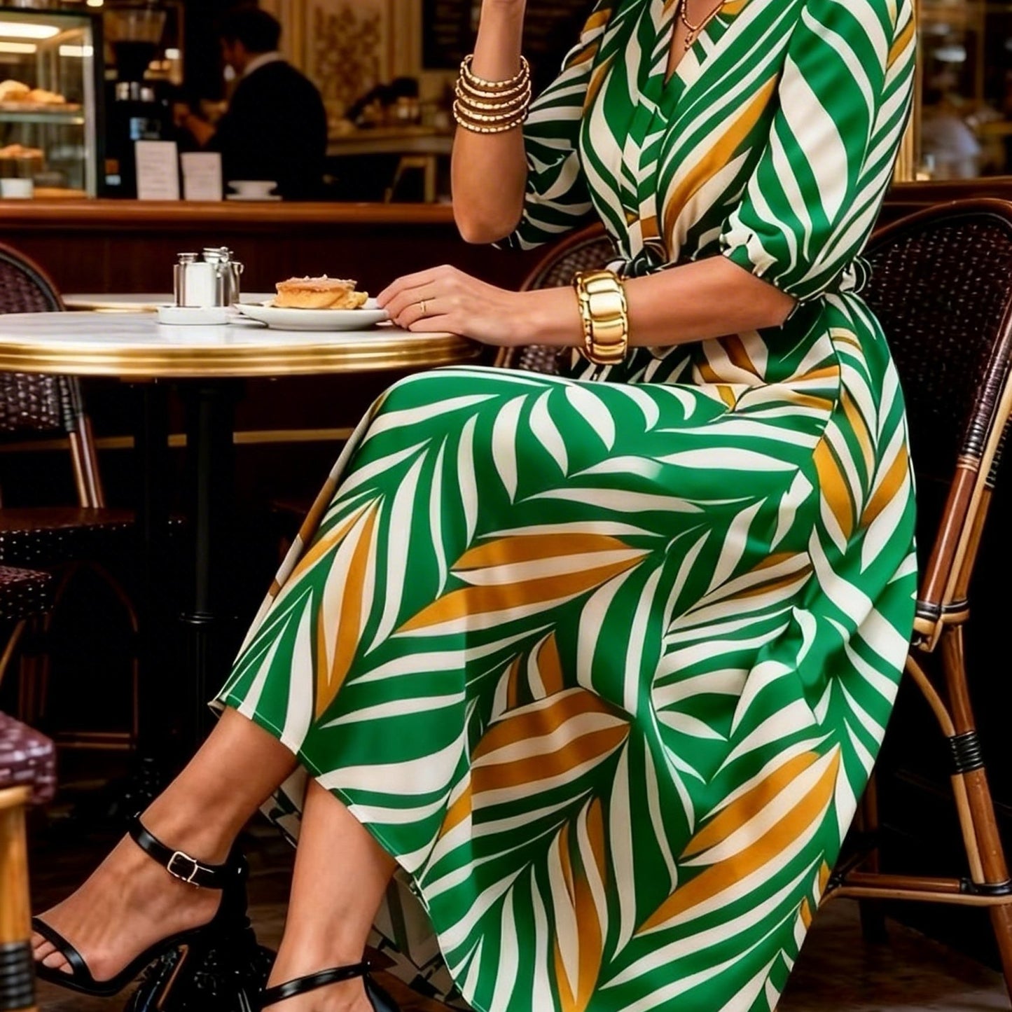 Effortless Chevron Print Maxi Dress for Women with V Neck Elbow Sleeve Wrap Tie Waist Flowing Style
