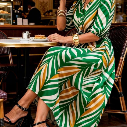 Effortless Chevron Print Maxi Dress for Women with V Neck Elbow Sleeve Wrap Tie Waist Flowing Style