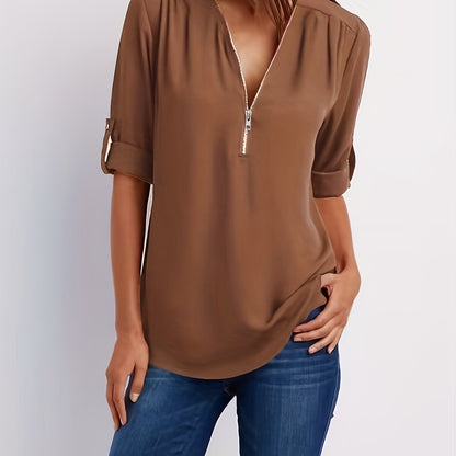 Effortless Chiffon Blouse for Women with Zip V Neck Roll Tab Sleeve Relaxed Casual Style