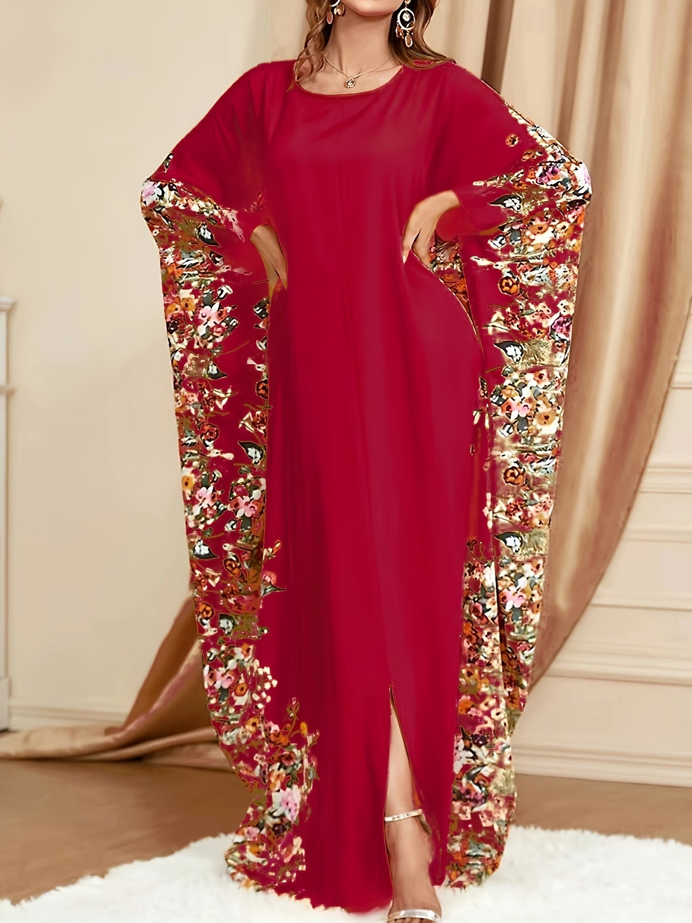 Elegant Floral Print Kaftan Maxi Dress for Women with Round Neck Batwing Sleeve Flowing Bohemian Style