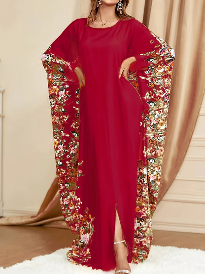 Elegant Floral Print Kaftan Maxi Dress for Women with Round Neck Batwing Sleeve Flowing Bohemian Style