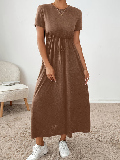 Effortless Drawstring Waist Maxi Dress for Women with Round Neck Short Sleeve Relaxed Flowing Pocket Style