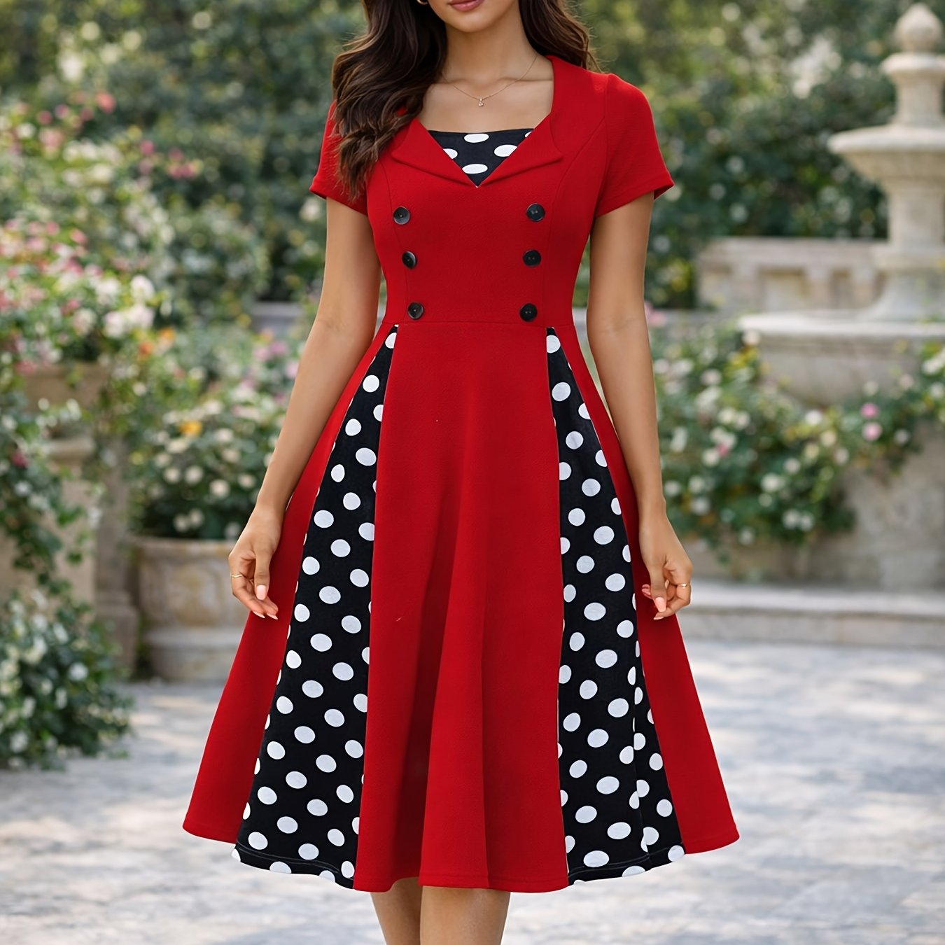 Elegant Red Polka Dot Midi Dress for Women with Collar Neckline Short Sleeve Button Front Flowing Style