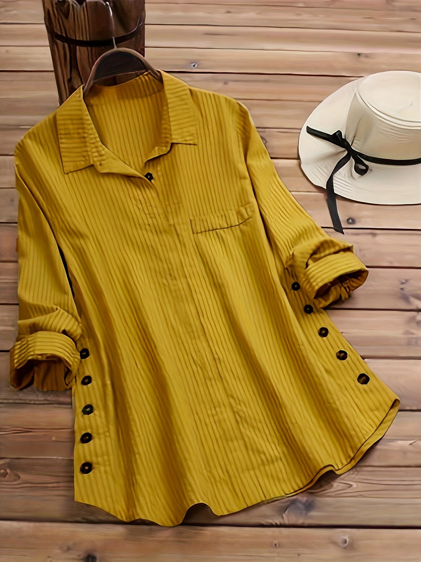 Effortless Striped Tunic Blouse for Women with Collar Long Sleeve Button Detail Relaxed Casual Style