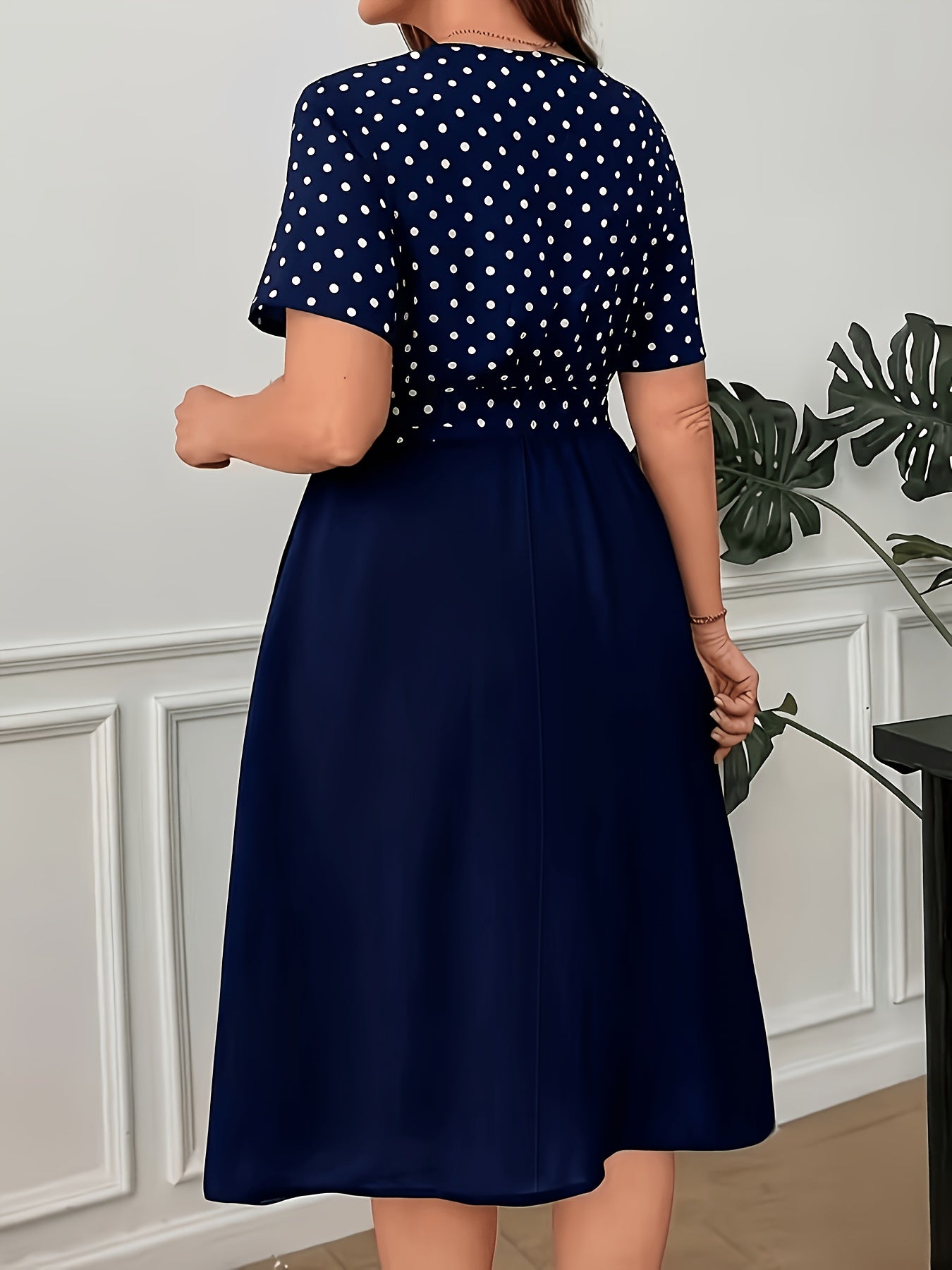 Elegant Polka Dot Midi Dress for Women with Notch Neck Short Sleeve Tie Waist Belted Style