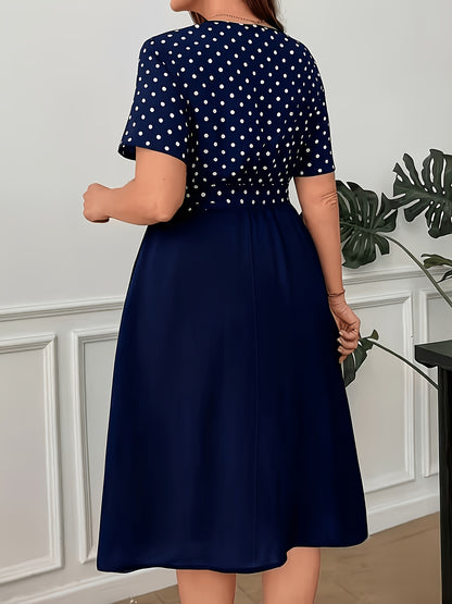 Elegant Polka Dot Midi Dress for Women with Notch Neck Short Sleeve Tie Waist Belted Style