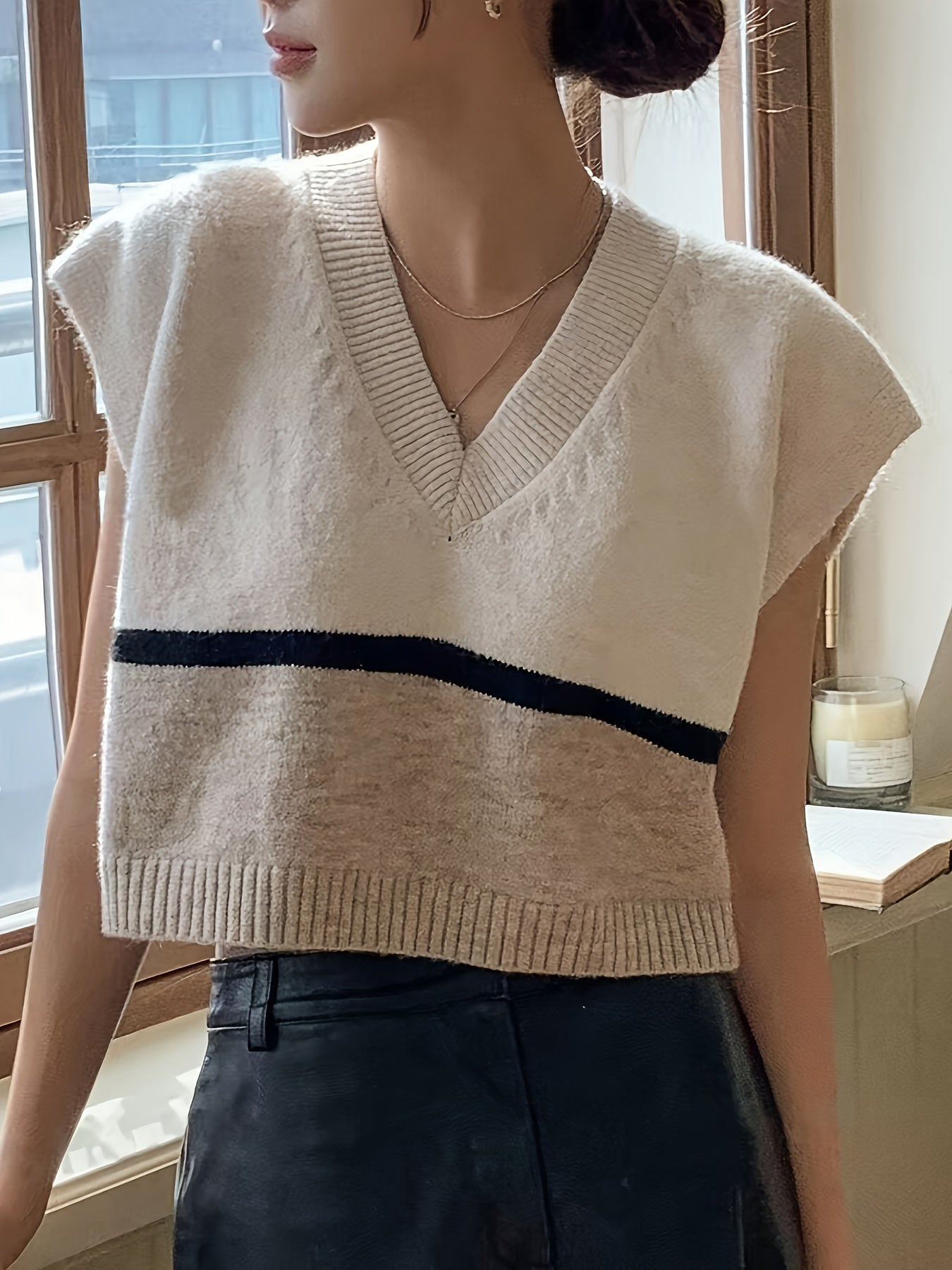 Elegant Apricot Striped Sweater Vest for Women with V Neck Sleeveless Cropped Oversized Knit Style