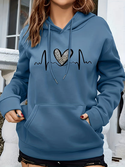 Comfortable Heartbeat Print Hoodie for Women with Drawstring Hood Long Sleeve Kangaroo Pocket Oversized Style
