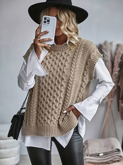 Comfortable Cable Knit Sweater Vest for Women with Crew Neck Sleeveless Oversized Relaxed Style