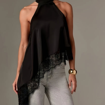 Irregular Patchwork Lace Neckline Halter Top, Women's Elegant Vest
