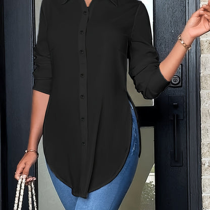 Effortless Longline Tunic Blouse for Women with Collar Long Sleeve High Low Hem Relaxed Style