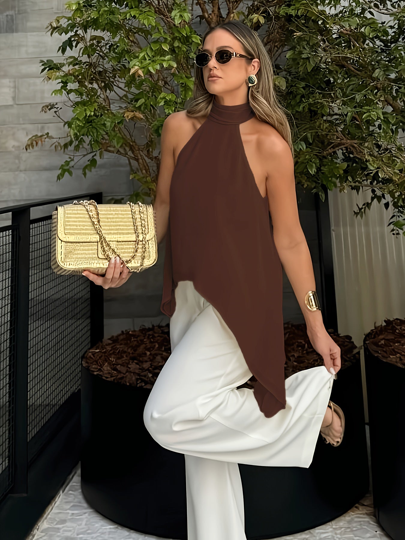Elegant Chiffon Halter Blouse for Women with High Neck Sleeveless Flowing Asymmetrical Style