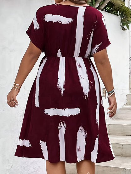 Effortless Burgundy Abstract Print Midi Dress for Women with V Neck Batwing Sleeve Belted Side Slit Flowing Style
