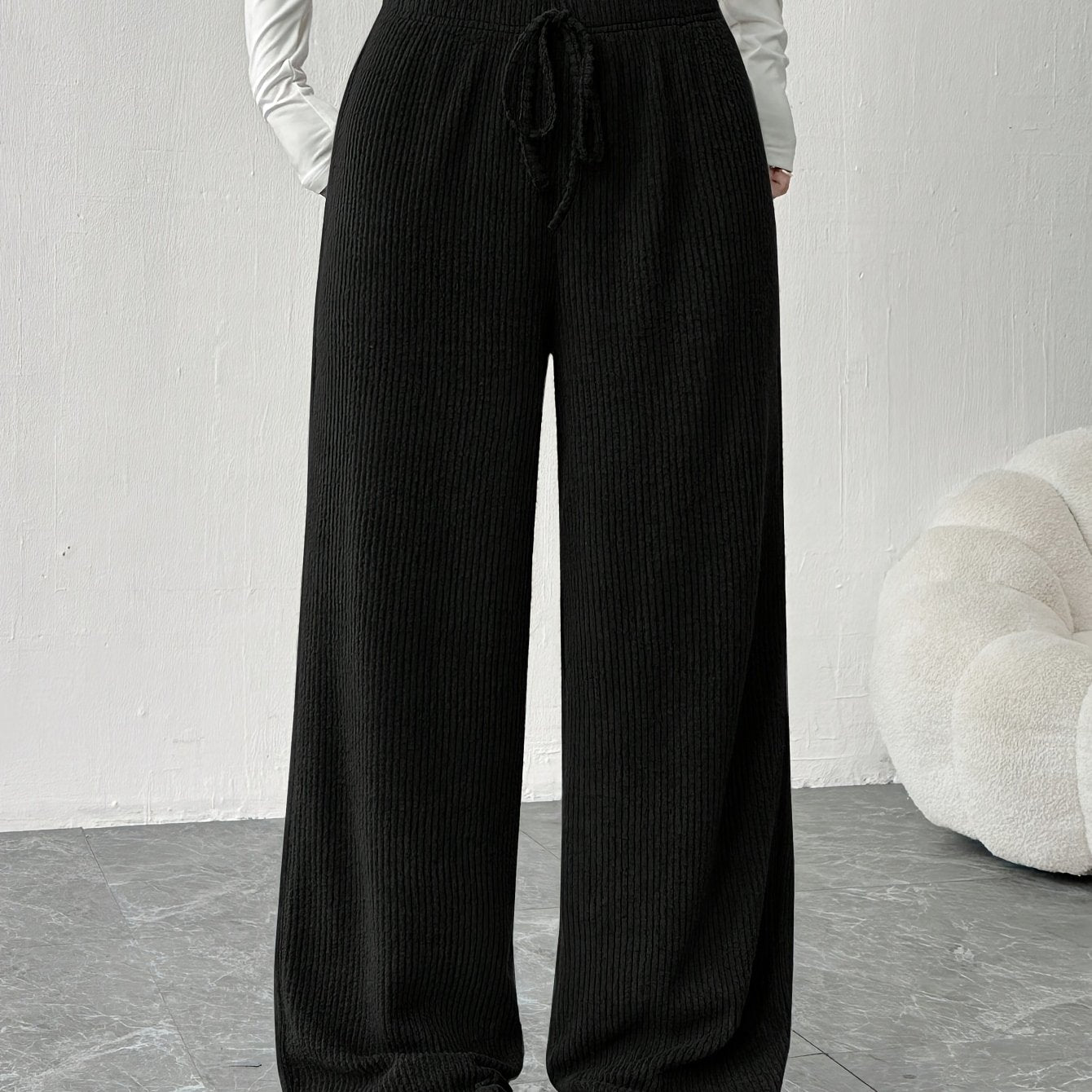 Effortless Ribbed Knit Wide Leg Pants for Women with High Waist Drawstring Relaxed Flowing Casual Style