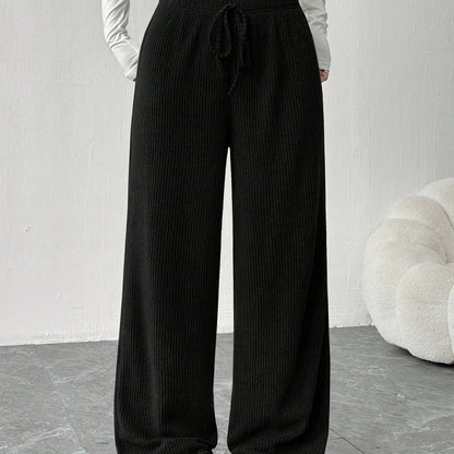 Effortless Ribbed Knit Wide Leg Pants for Women with High Waist Drawstring Relaxed Flowing Casual Style
