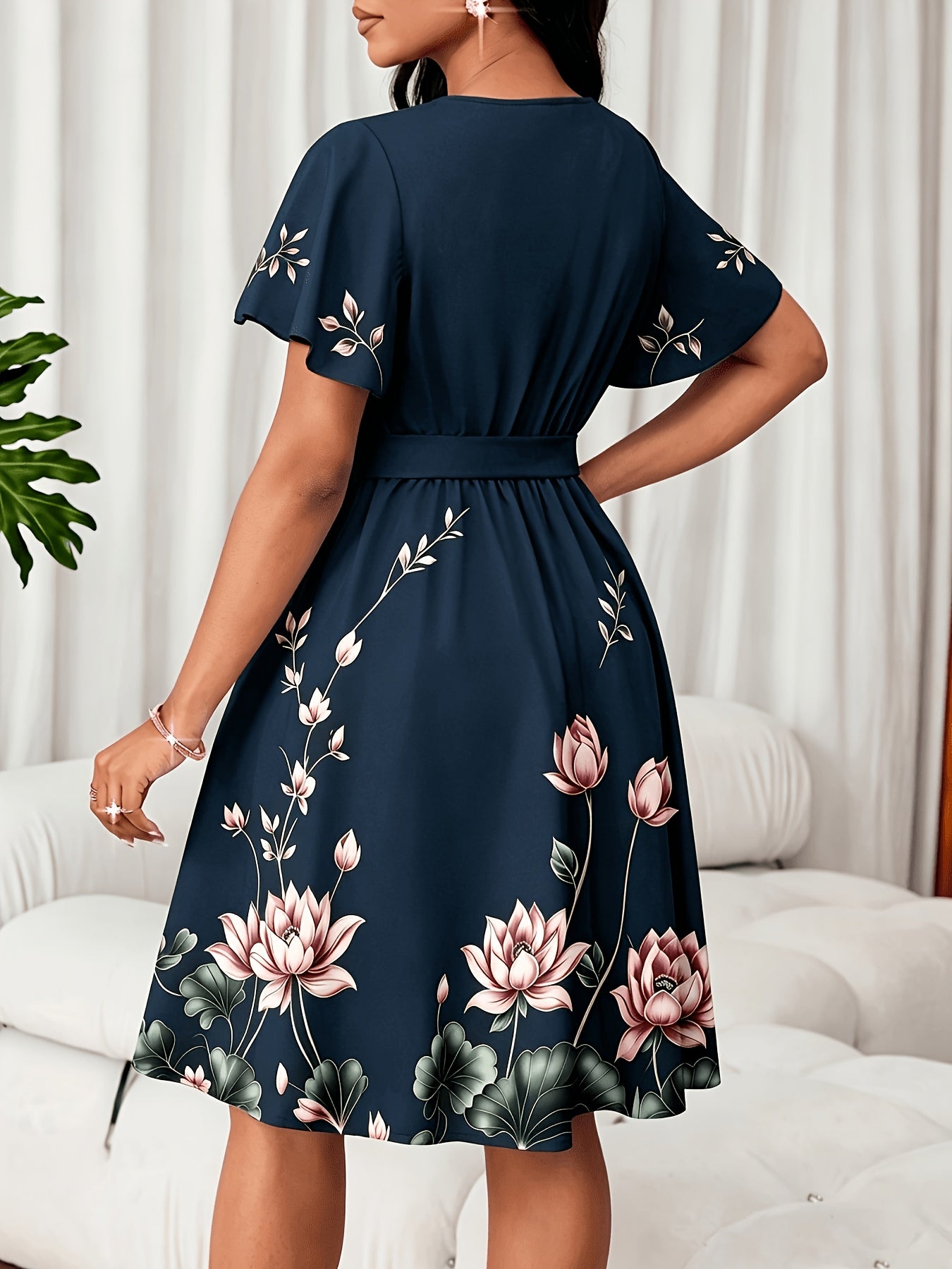 Elegant Floral Midi Dress for Women with V Neck Flutter Sleeve Bow Belt Flowing Style