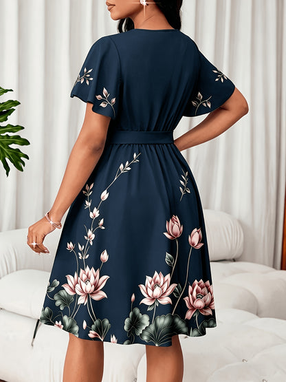 Elegant Floral Midi Dress for Women with V Neck Flutter Sleeve Bow Belt Flowing Style