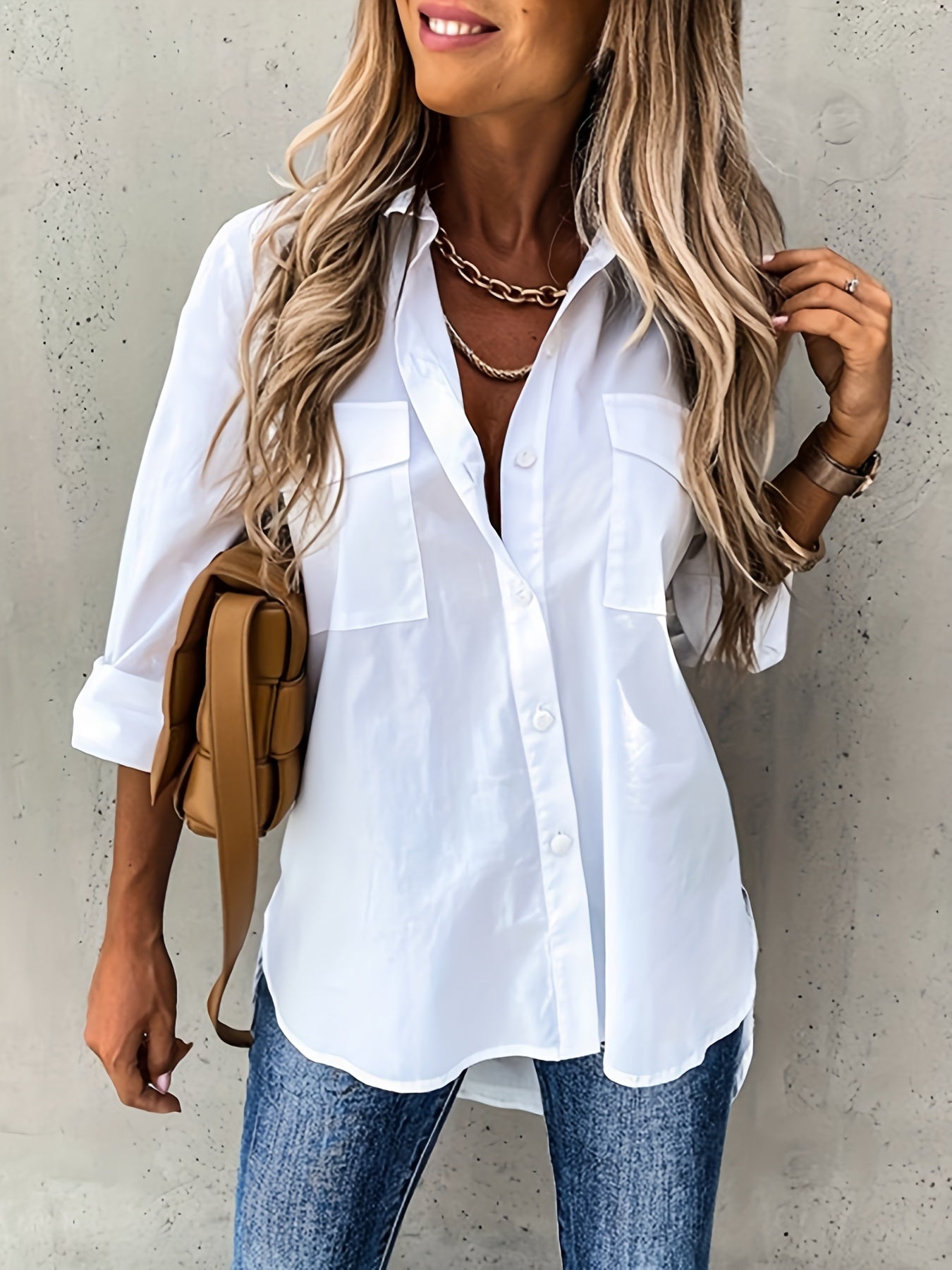 Effortless Utility Blouse for Women with Collar Long Sleeve Button Front Casual Style