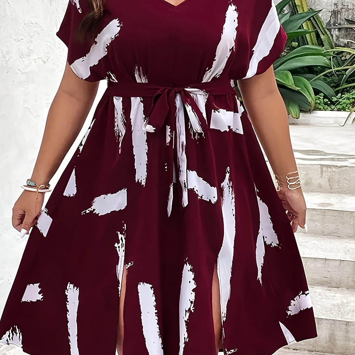 Effortless Burgundy Abstract Print Midi Dress for Women with V Neck Batwing Sleeve Belted Side Slit Flowing Style