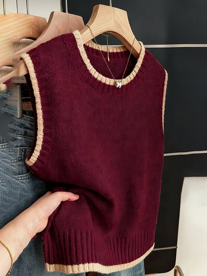 Comfortable Contrast Trim Sweater Vest for Women with Crew Neck Sleeveless Ribbed Knit Style