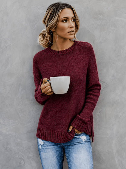 Comfortable Heathered Knit Sweater for Women with Crew Neck Bell Sleeve Side Slit Relaxed Oversized Style