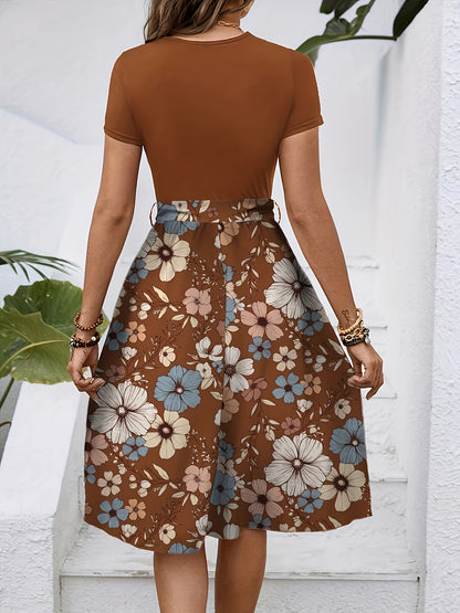 Effortless Floral Midi Dress for Women with Round Neck Short Sleeve Tie Waist A Line Style