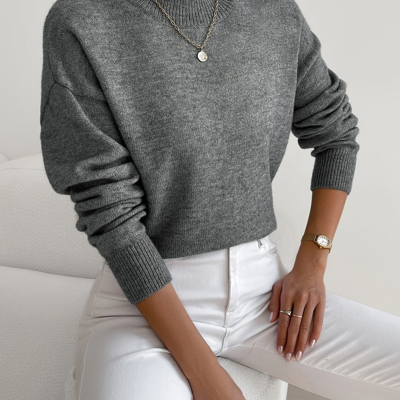 Comfortable Ribbed Sweater for Women with High Neck Long Sleeve Relaxed Oversized Knit Style