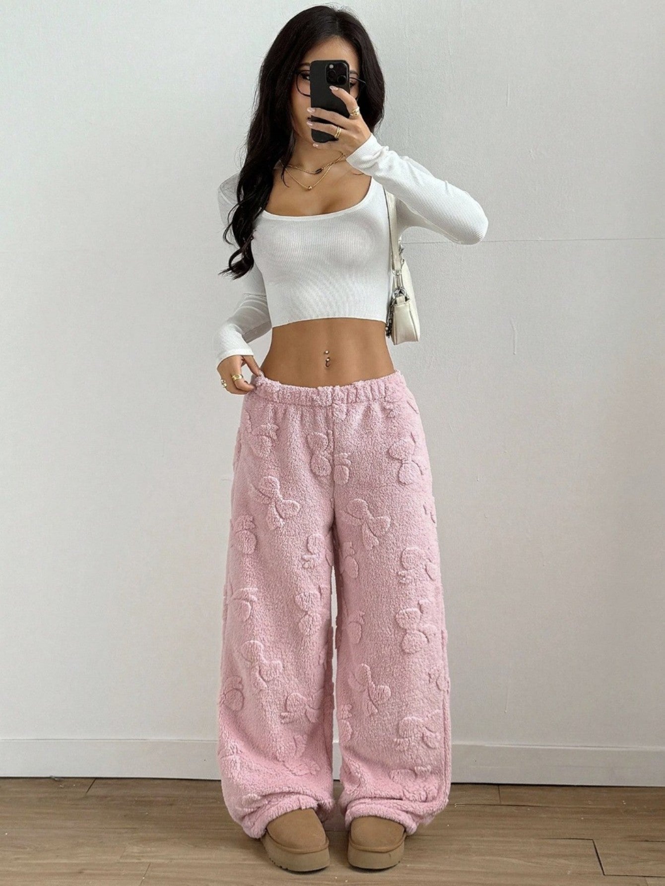 Comfortable Pink Sherpa Fleece Pants for Women with Elastic Waist Wide Leg Cozy Style