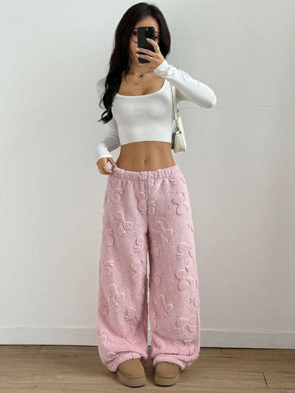 Comfortable Pink Sherpa Fleece Pants for Women with Elastic Waist Wide Leg Cozy Style