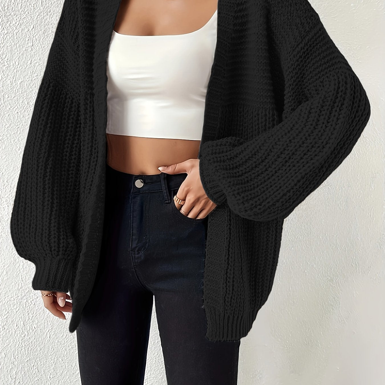 Comfortable Chunky Knit Cardigan for Women with Open Front Balloon Sleeve Oversized Relaxed Style