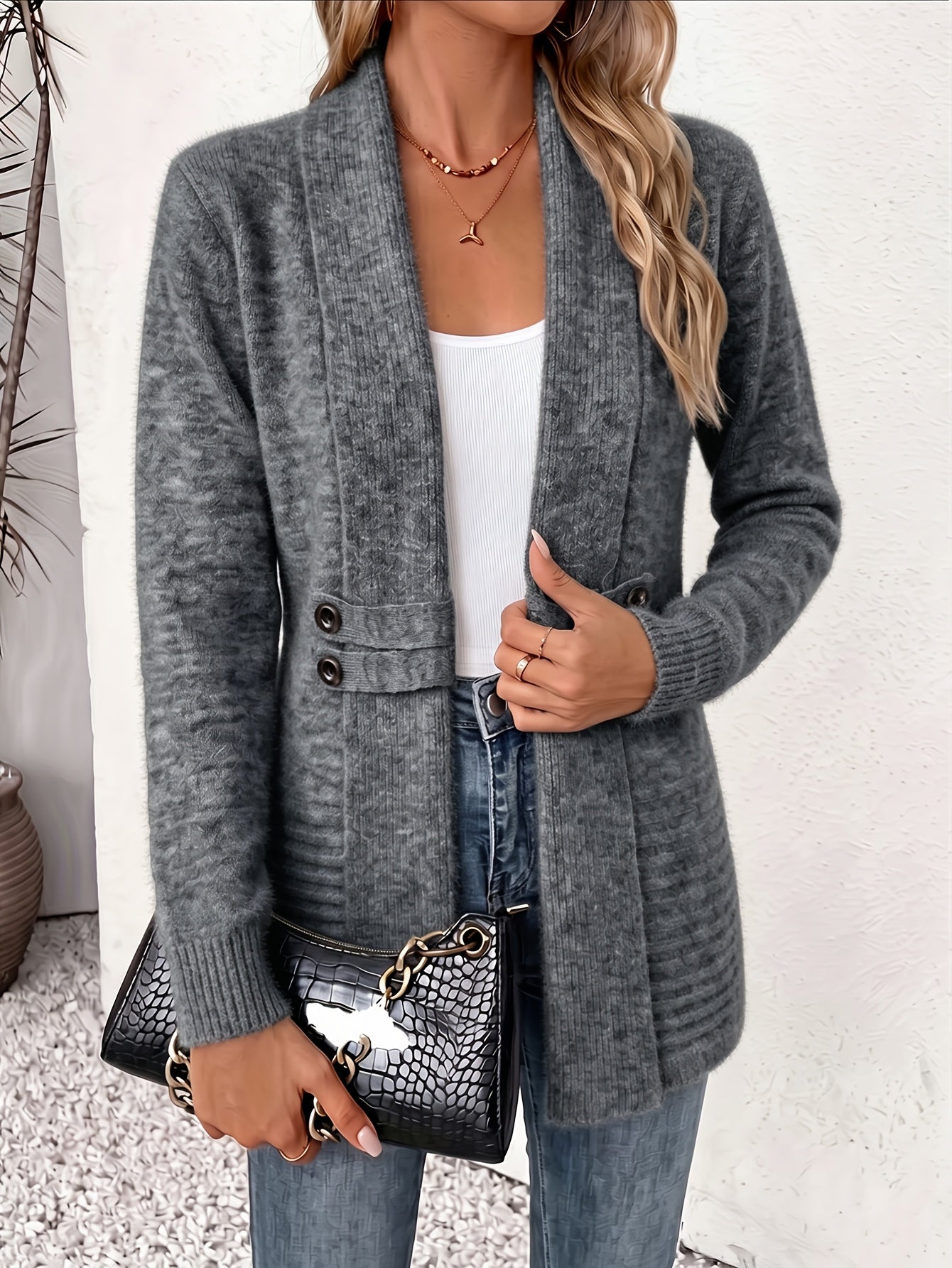 Comfortable Ribbed Knit Cardigan Sweater for Women with Shawl Collar Long Sleeve Button Detail Casual Style