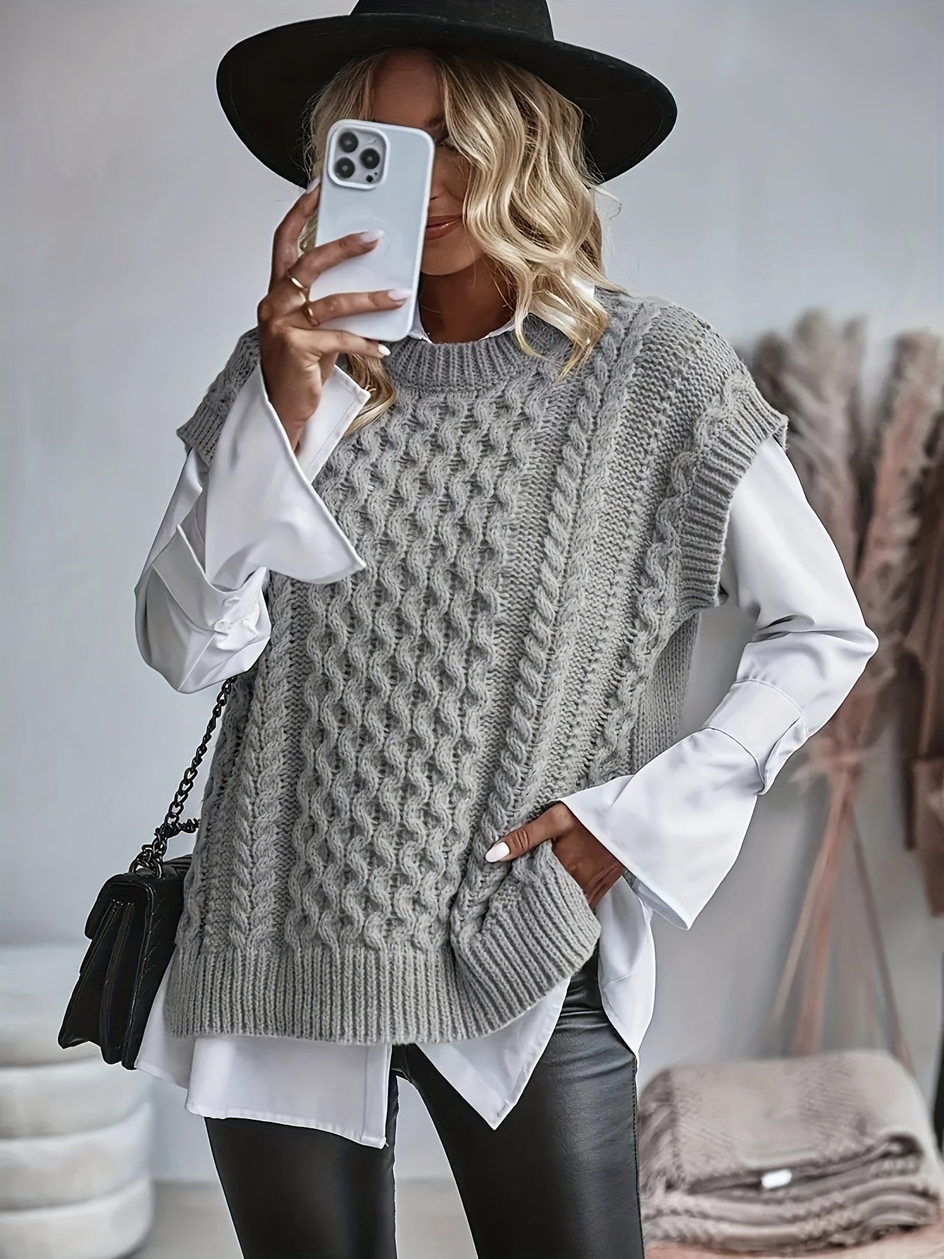 Comfortable Cable Knit Sweater Vest for Women with Crew Neck Sleeveless Oversized Relaxed Style