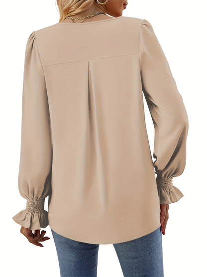 Elegant Pleated Blouse for Women with V Neck Balloon Sleeve Smocked Cuff Relaxed Style