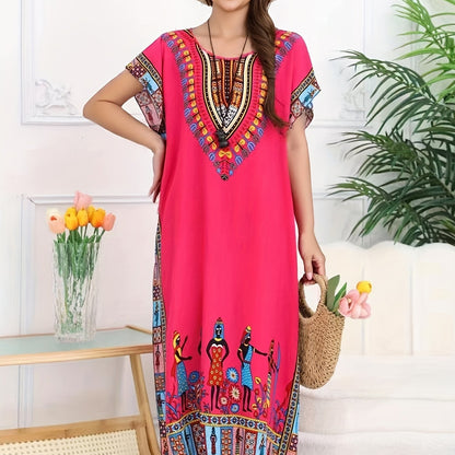 Effortless Tribal Print Kaftan Dress for Women with V Neck Short Sleeve Embroidered Flowing Bohemian Style
