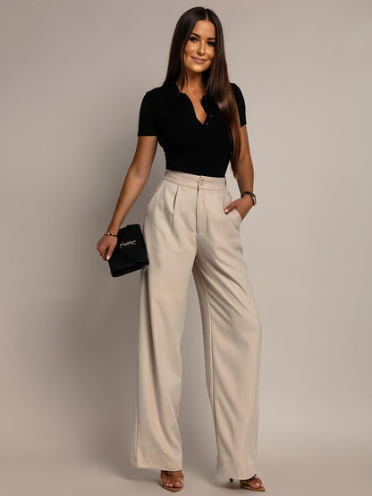 Elegant Wide Leg Trousers for Women with High Waist Pleated Front Tailored Style