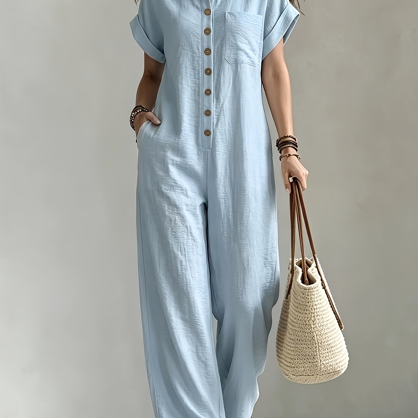 Effortless Linen Jumpsuit for Women with Collar Short Sleeve Button Front Wide Leg Casual Style
