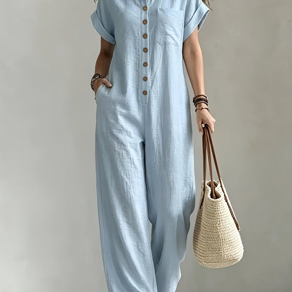 Effortless Linen Jumpsuit for Women with Collar Short Sleeve Button Front Wide Leg Casual Style