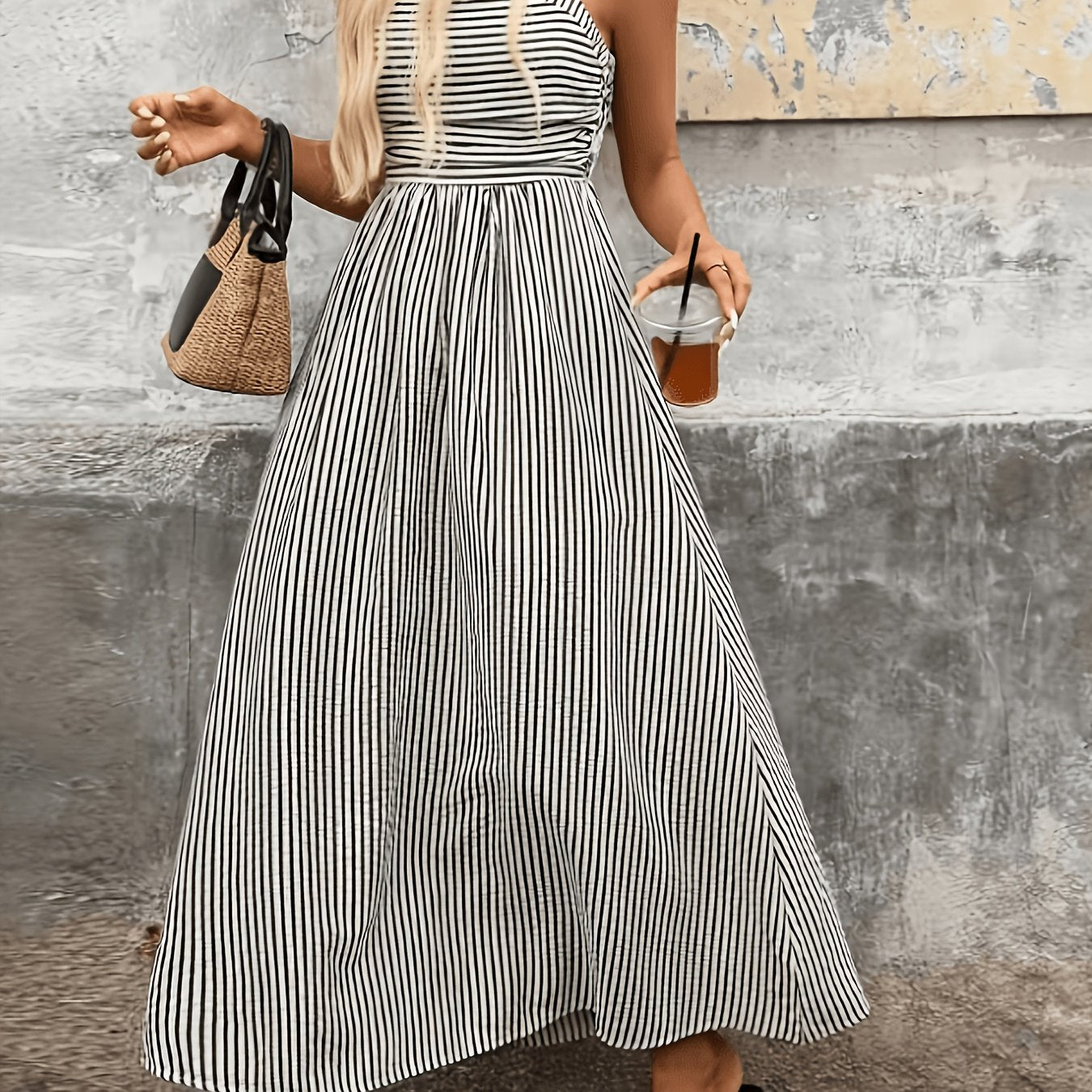 Elegant Black Striped Maxi Dress for Women with Square Neck Spaghetti Strap Smocked Flowing Style