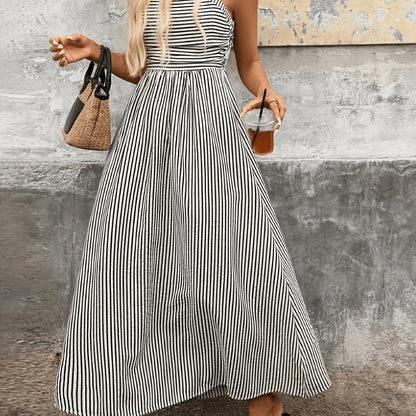 Elegant Black Striped Maxi Dress for Women with Square Neck Spaghetti Strap Smocked Flowing Style
