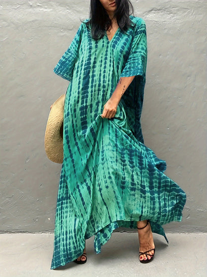 Effortless Tie Dye Maxi Dress for Women with V Neck Bell Sleeve Kaftan Flowing Bohemian Style