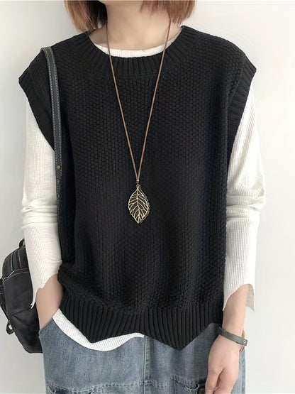 Comfortable Chunky Knit Sweater Vest for Women with Crew Neck Sleeveless Ribbed Trim Oversized Style