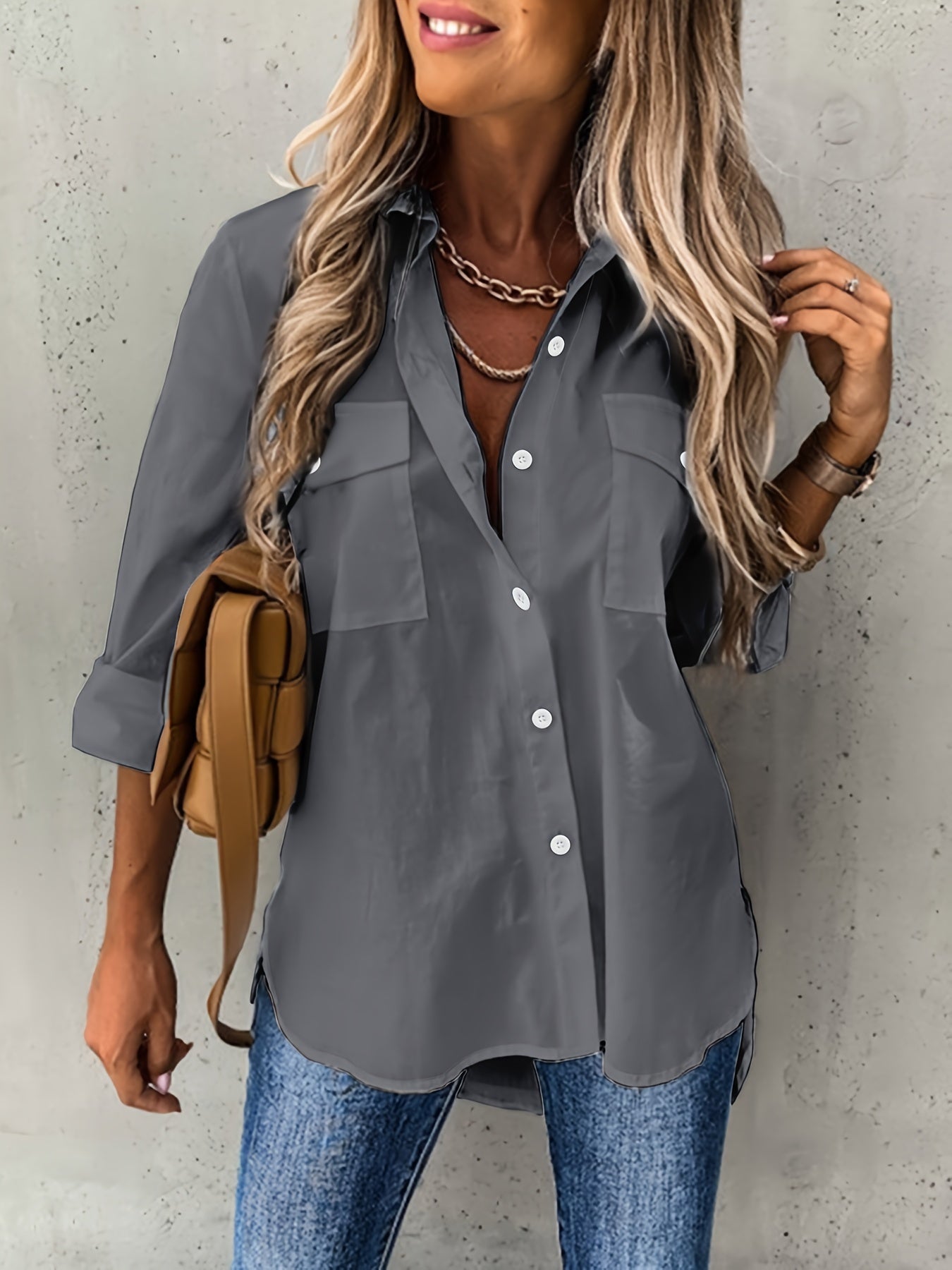Effortless Utility Blouse for Women with Collar Long Sleeve Button Front Casual Style